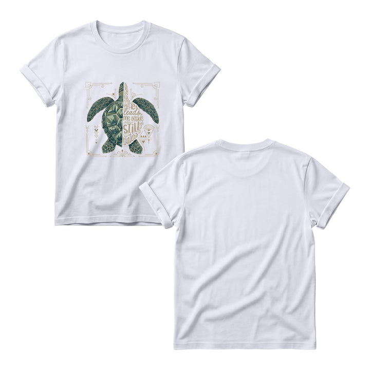 Christianartworkshop T-shirt girocollo da donna con motivo geometrico a tartaruga marina, bordo decorato e frase devozionale del Salmo. - image 7