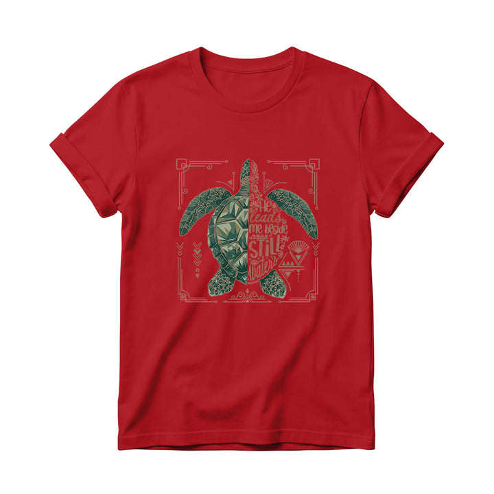 Christianartworkshop T-shirt girocollo da donna con motivo geometrico a tartaruga marina, bordo decorato e frase devozionale del Salmo. - Rosso - 4XL - image 14