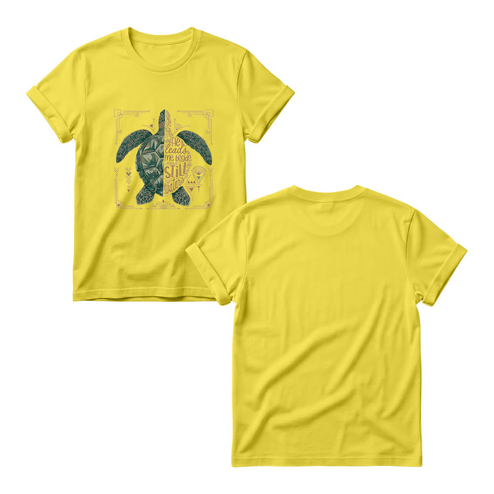 Christianartworkshop T-shirt girocollo da donna con motivo geometrico a tartaruga marina, bordo decorato e frase devozionale del Salmo. - image 9