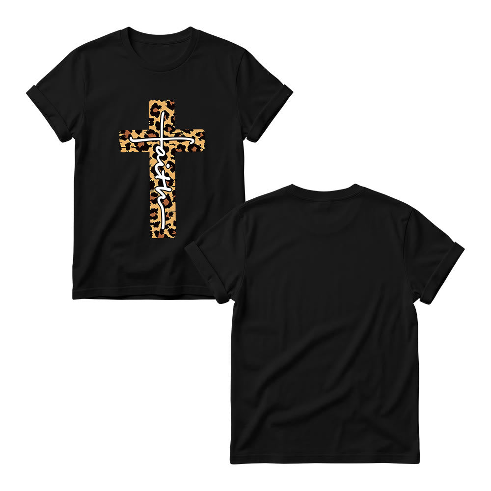 Christianartworkshop T-shirt girocollo da donna con stampa leopardata, croce verticale e scritta a mano "Faith" all'interno. - image 9
