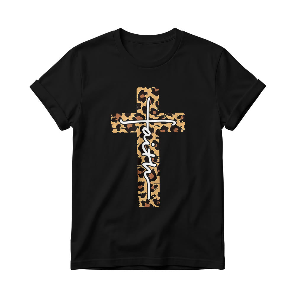 Christianartworkshop T-shirt girocollo da donna con stampa leopardata, croce verticale e scritta a mano "Faith" all'interno. - Nero - 4XL - image 8
