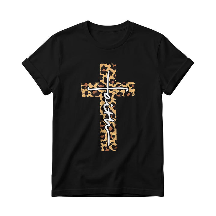 Christianartworkshop T-shirt girocollo da donna con stampa leopardata, croce verticale e scritta a mano "Faith" all'interno. - Nero - 4XL - image 8