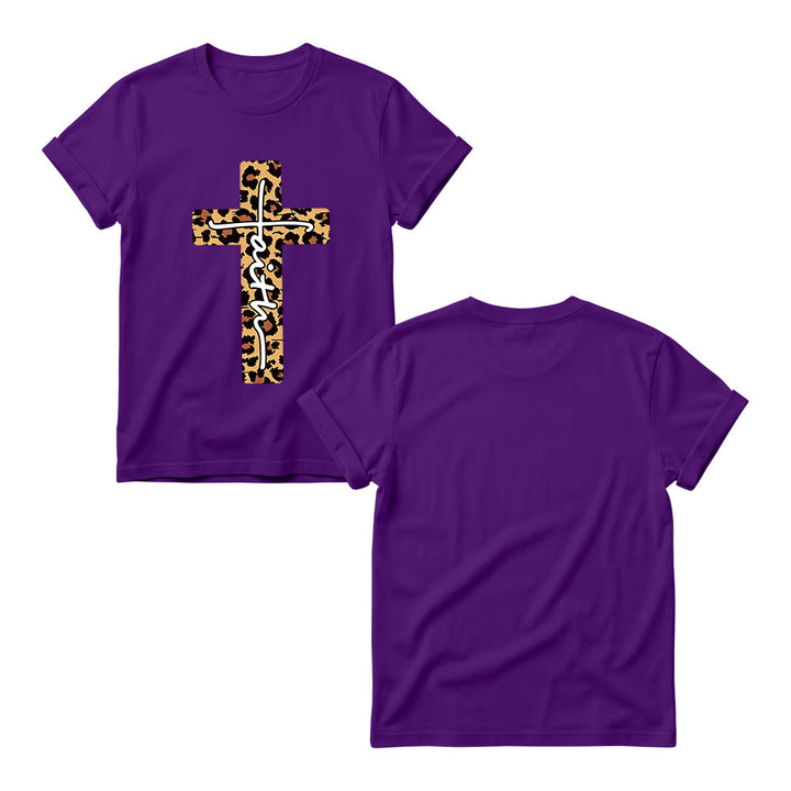 Christianartworkshop T-shirt girocollo da donna con stampa leopardata, croce verticale e scritta a mano "Faith" all'interno. - image 5