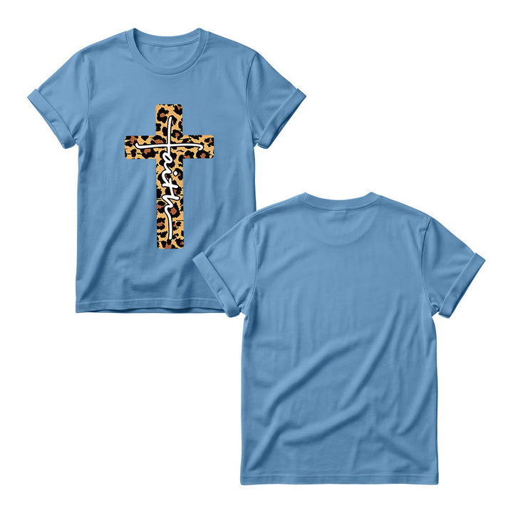 Christianartworkshop T-shirt girocollo da donna con stampa leopardata, croce verticale e scritta a mano "Faith" all'interno. - image 7