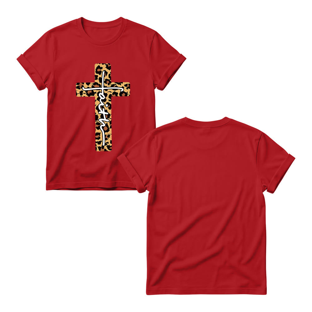 Christianartworkshop T-shirt girocollo da donna con stampa leopardata, croce verticale e scritta a mano "Faith" all'interno. - image 15