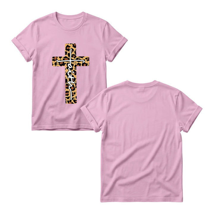 Christianartworkshop T-shirt girocollo da donna con stampa leopardata, croce verticale e scritta a mano "Faith" all'interno. - image 11