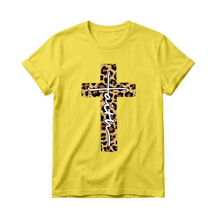 Christianartworkshop T-shirt girocollo da donna con stampa leopardata, croce verticale e scritta a mano "Faith" all'interno. - Giallo - 4XL - image 0
