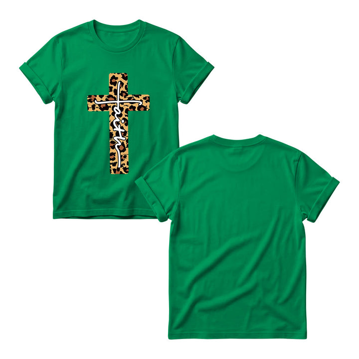 Christianartworkshop T-shirt girocollo da donna con stampa leopardata, croce verticale e scritta a mano "Faith" all'interno. - image 17