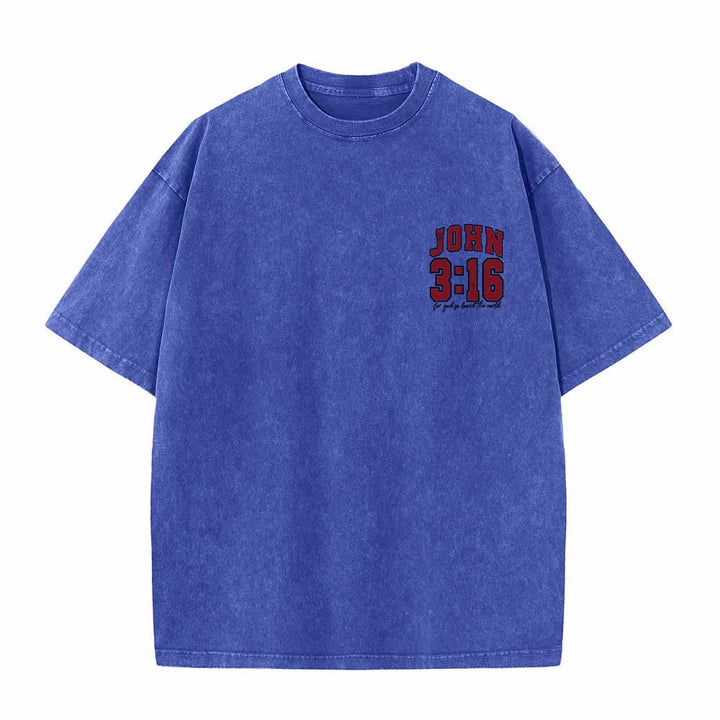 Christianartworkshop Maglietta lavata con scritta "For God So Loved The World" sul retro, lato sinistro del petto: Giovanni 3:16, carattere Varsity. - image 16