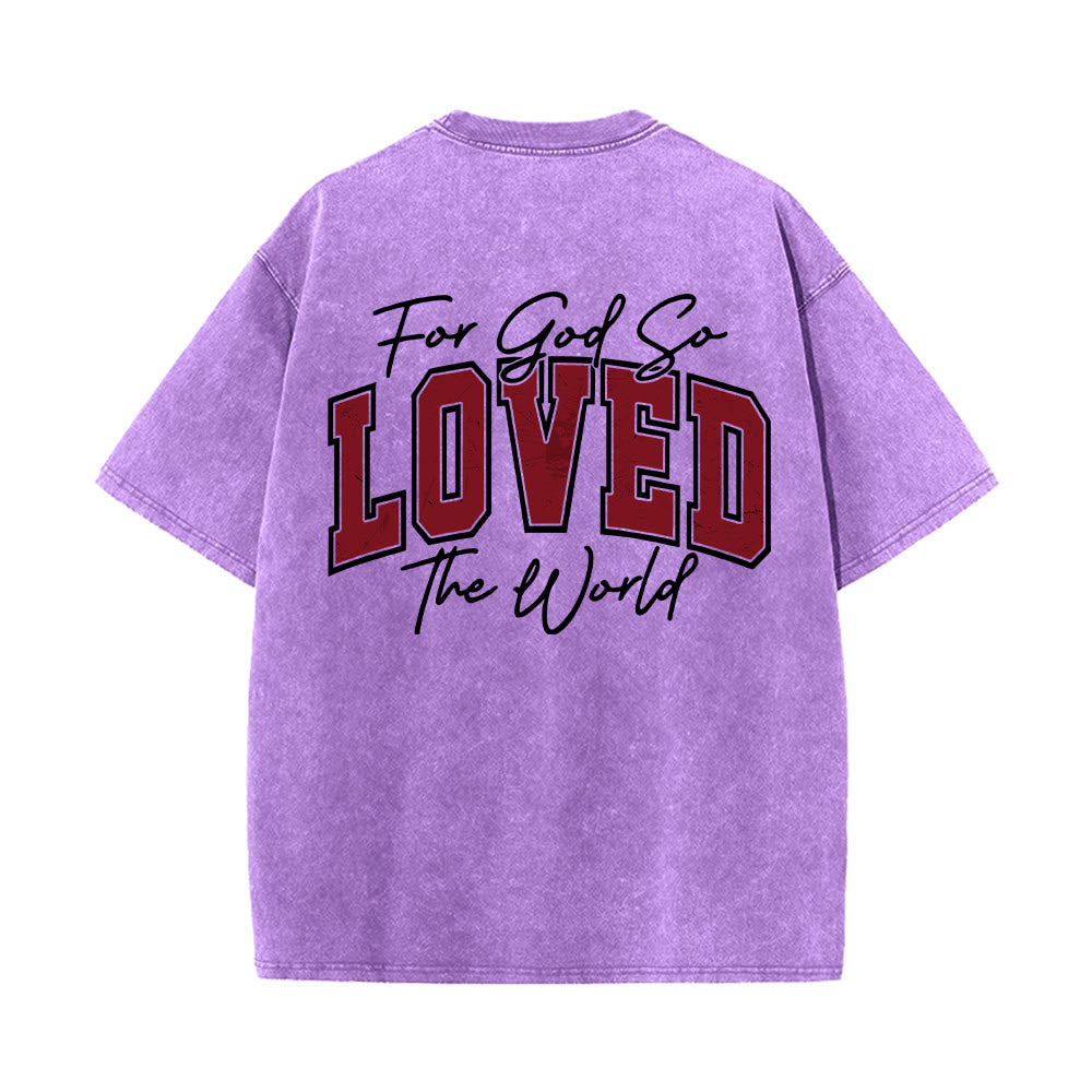 Christianartworkshop Maglietta lavata con scritta "For God So Loved The World" sul retro, lato sinistro del petto: Giovanni 3:16, carattere Varsity. - image 20