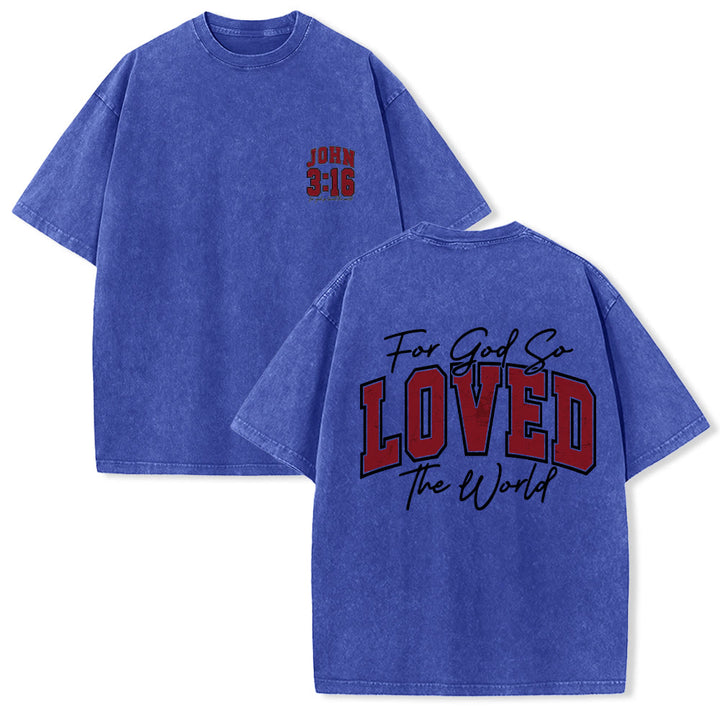 Christianartworkshop Maglietta lavata con scritta "For God So Loved The World" sul retro, lato sinistro del petto: Giovanni 3:16, carattere Varsity. - Blu - 5XL - image 15
