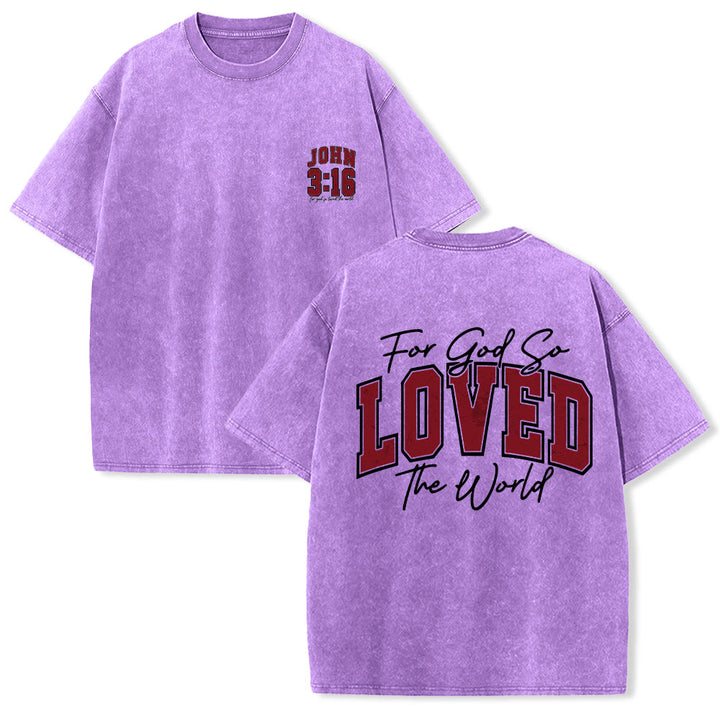 Christianartworkshop Maglietta lavata con scritta "For God So Loved The World" sul retro, lato sinistro del petto: Giovanni 3:16, carattere Varsity. - Viola - 5XL - image 18