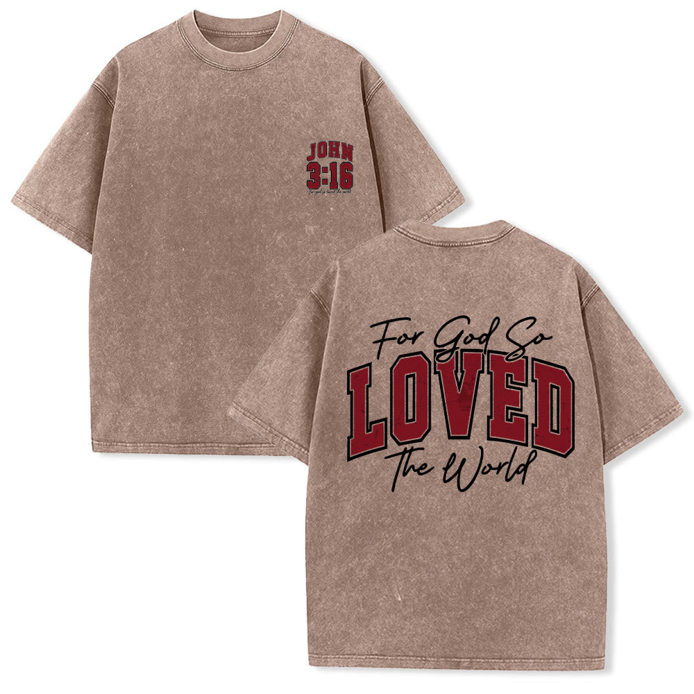 Christianartworkshop Maglietta lavata con scritta "For God So Loved The World" sul retro, lato sinistro del petto: Giovanni 3:16, carattere Varsity. - Marrone - 5XL - image 12
