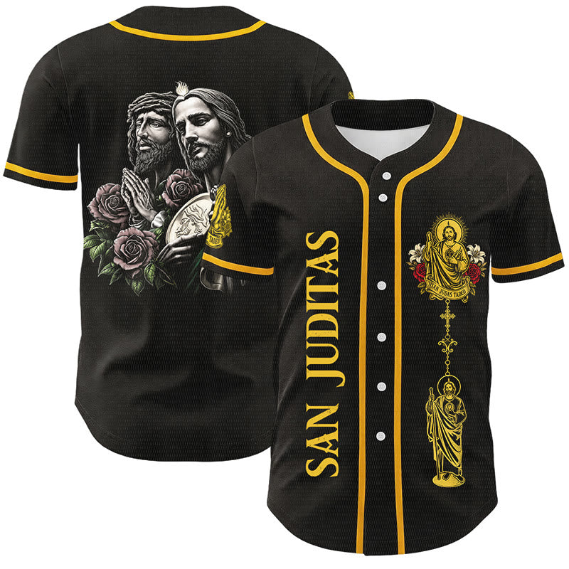 Christianartworkshop Maglia da baseball con bottoni e ritratto di San Giuda con rosa - Nero - 5XL - image 0