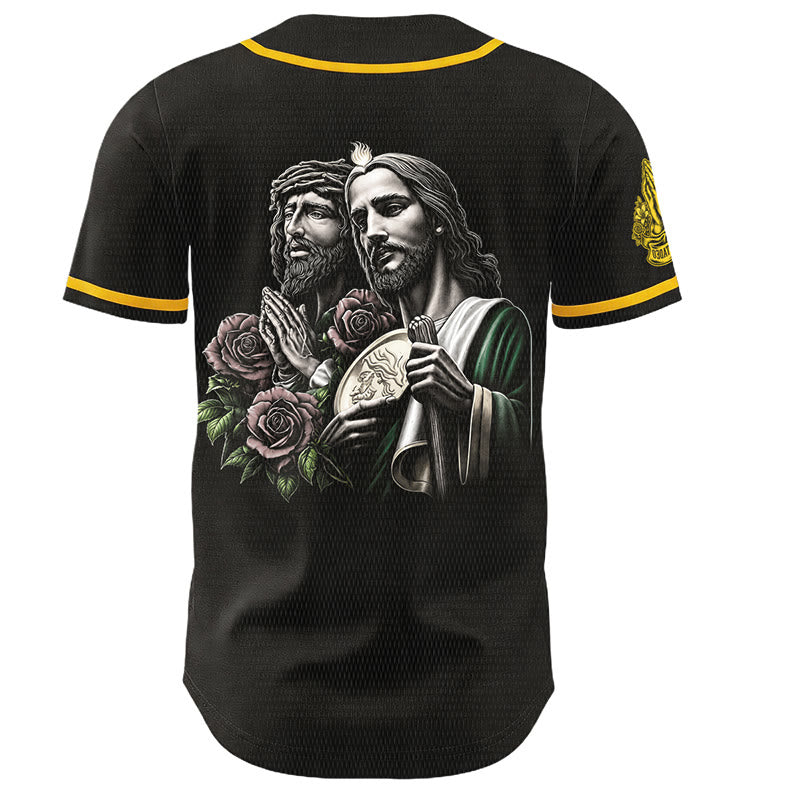Christianartworkshop Maglia da baseball con bottoni e ritratto di San Giuda con rosa - image 2