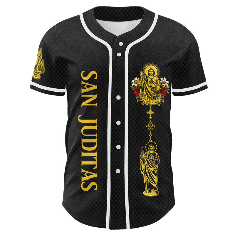 Christianartworkshop Maglia da baseball con bottoni e stampa verticale del Santo Rosario di San Giuda sul davanti e del Giglio e della Colomba sul retro. - image 7