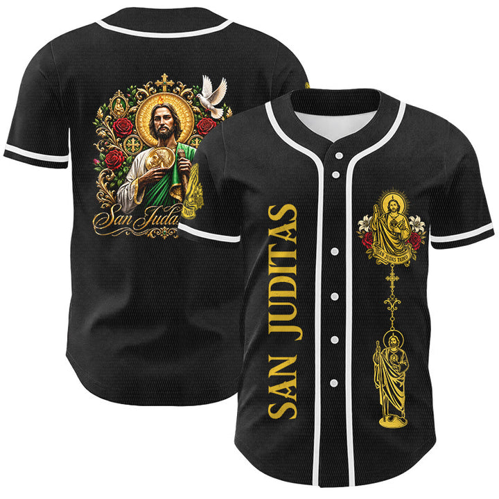 Christianartworkshop Maglia da baseball con bottoni e stampa verticale del Santo Rosario di San Giuda sul davanti e del Giglio e della Colomba sul retro. - Nero - Giallo - 5XL - image 6