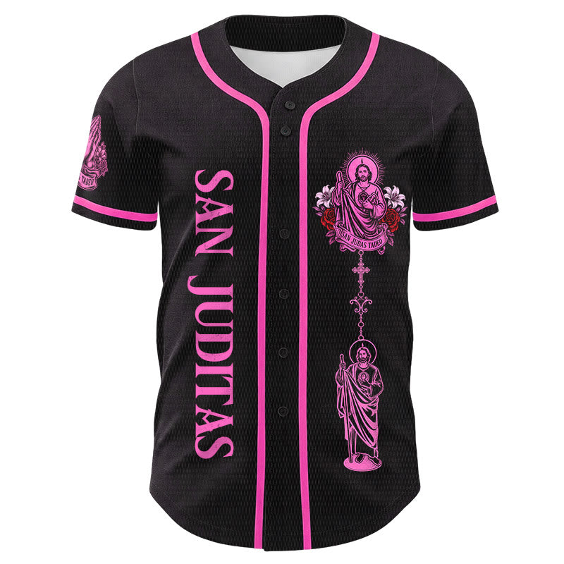 Christianartworkshop Maglia da baseball con bottoni e stampa verticale del Santo Rosario di San Giuda sul davanti e del Giglio e della Colomba sul retro. - image 4