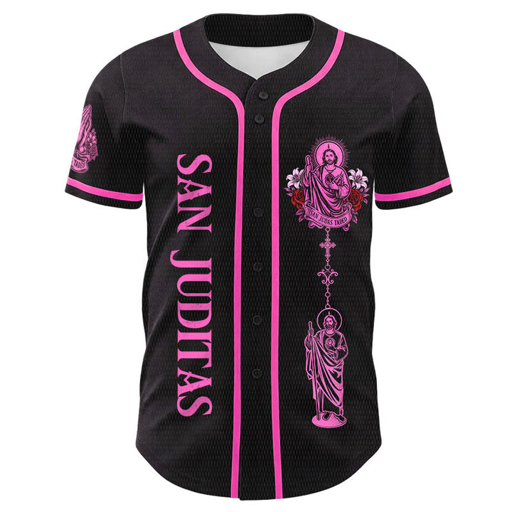 Christianartworkshop Maglia da baseball con bottoni e stampa verticale del Santo Rosario di San Giuda sul davanti e del Giglio e della Colomba sul retro. - image 4