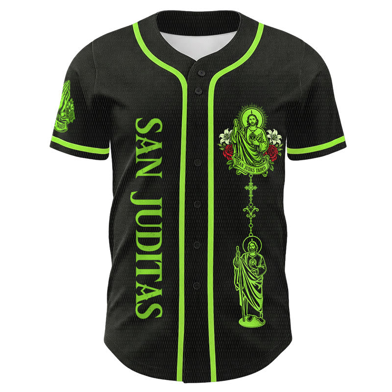 Christianartworkshop Maglia da baseball con bottoni e stampa verticale del Santo Rosario di San Giuda sul davanti e del Giglio e della Colomba sul retro. - image 1