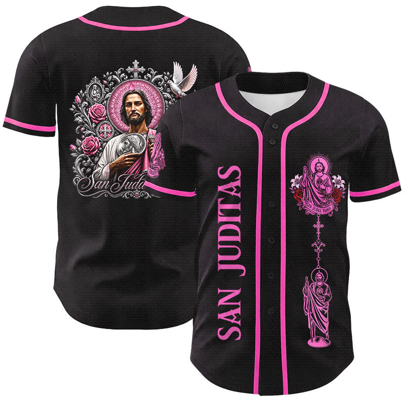 Christianartworkshop Maglia da baseball con bottoni e stampa verticale del Santo Rosario di San Giuda sul davanti e del Giglio e della Colomba sul retro. - Nero - Rosa - 5XL - image 3