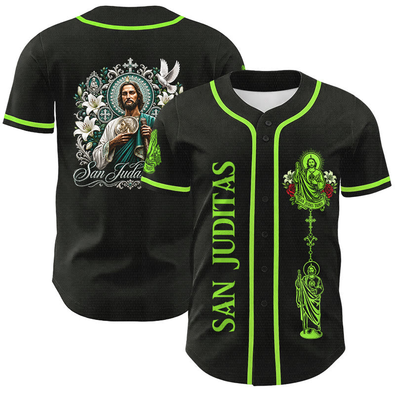Christianartworkshop Maglia da baseball con bottoni e stampa verticale del Santo Rosario di San Giuda sul davanti e del Giglio e della Colomba sul retro. - Nero - Verde - 5XL - image 0