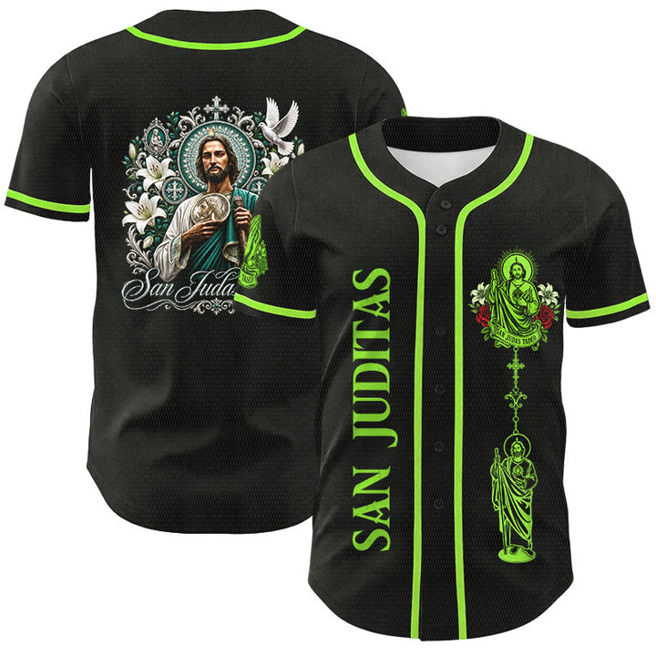 Christianartworkshop Maglia da baseball con bottoni e stampa verticale del Santo Rosario di San Giuda sul davanti e del Giglio e della Colomba sul retro. - Nero - Verde - 5XL - image 0