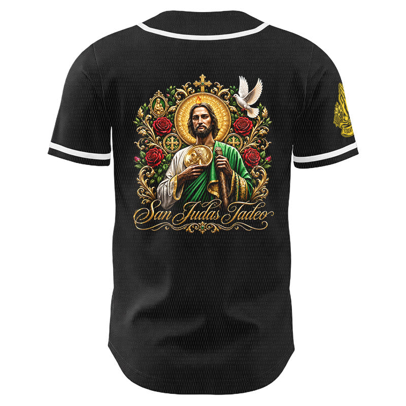 Christianartworkshop Maglia da baseball con bottoni e stampa verticale del Santo Rosario di San Giuda sul davanti e del Giglio e della Colomba sul retro. - image 8