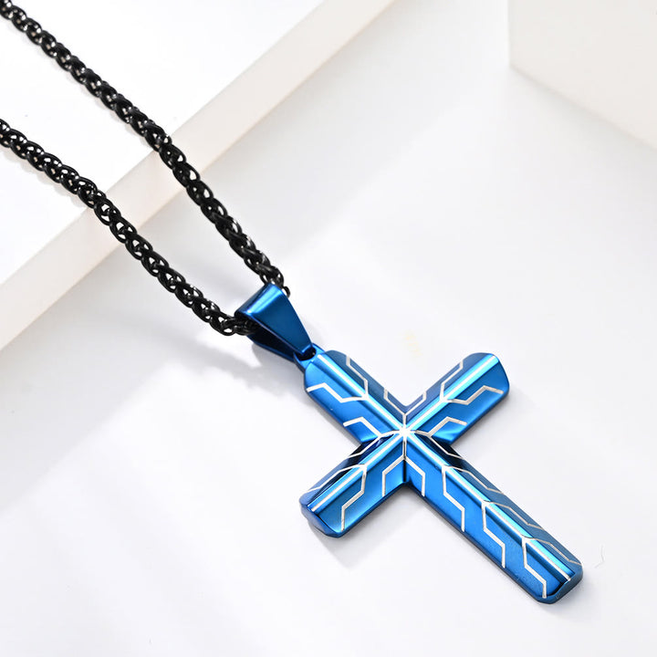 Christianartworkshop Collana con ciondolo a croce inciso con motivo a fulmine blu lucido: emblema senza tempo di dolce protezione celeste. - image 3