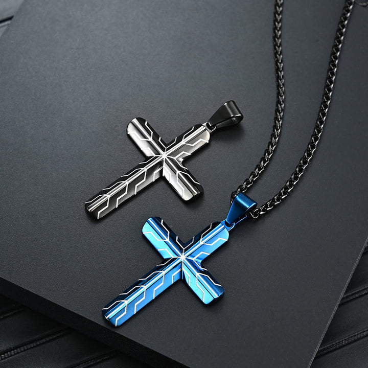 Christianartworkshop Collana con ciondolo a croce inciso con motivo a fulmine blu lucido: emblema senza tempo di dolce protezione celeste. - image 1