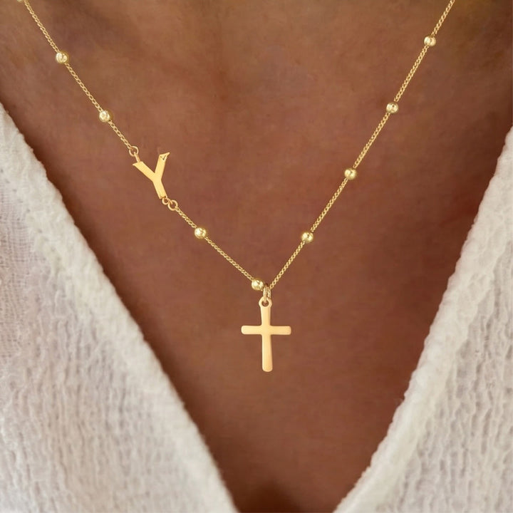 Christianartworkshop Collana con ciondolo a croce laterale personalizzato con iniziale dalla A alla Z e catena di perline: emblema senza tempo di dolce protezione celeste. - D'oro - Y - image 24