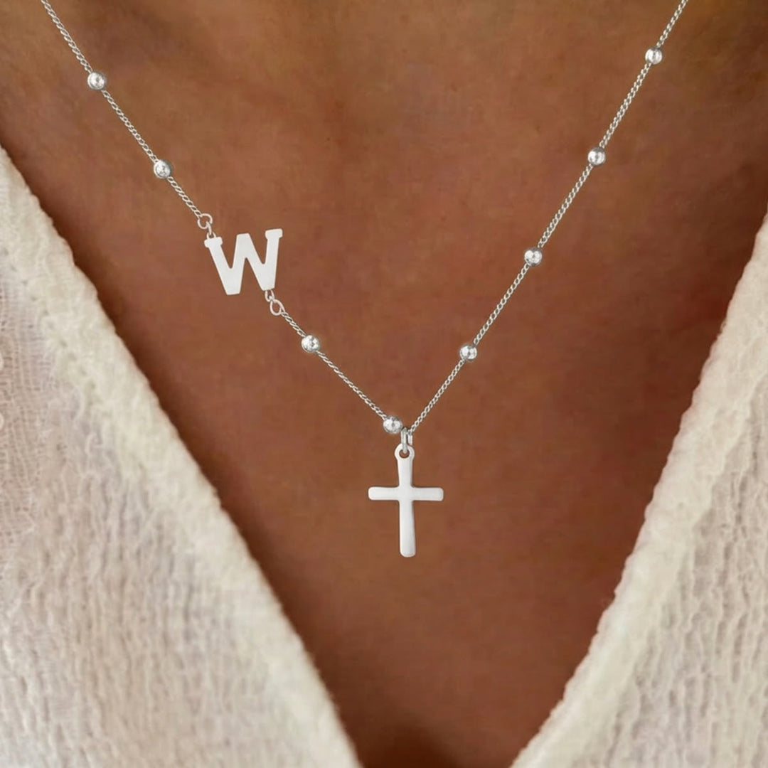 Christianartworkshop Collana con ciondolo a croce laterale personalizzato con iniziale dalla A alla Z e catena di perline: emblema senza tempo di dolce protezione celeste. - Argento - W - image 48