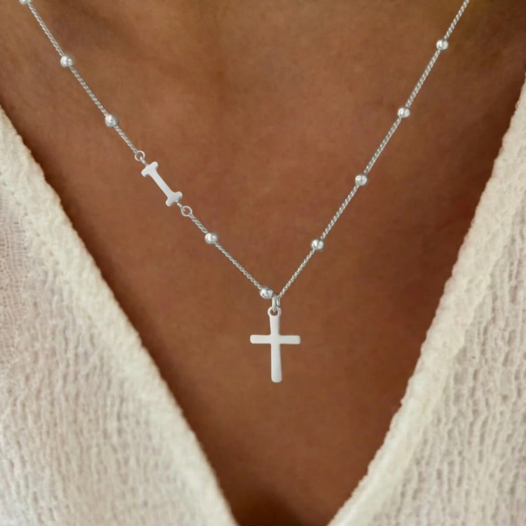 Christianartworkshop Collana con ciondolo a croce laterale personalizzato con iniziale dalla A alla Z e catena di perline: emblema senza tempo di dolce protezione celeste. - Argento - IO - image 35