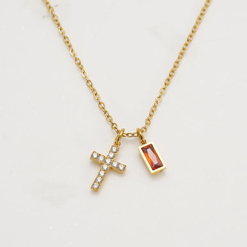 Christianartworkshop Collana personalizzata con ciondolo doppio a croce rettangolare con pietra e brillantini, che indica il mese di nascita: un simbolo senza tempo di dolce protezione celeste. - Gennaio - image 0