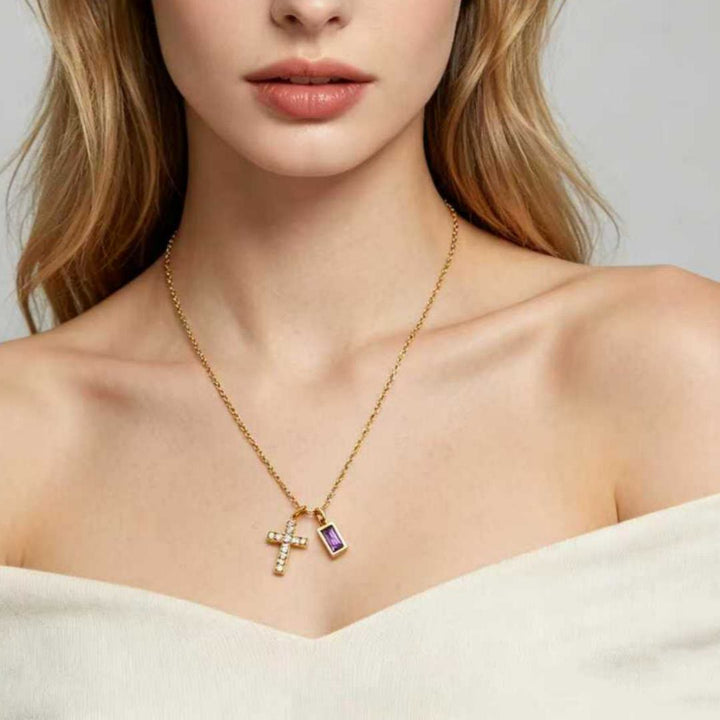 Christianartworkshop Collana personalizzata con ciondolo doppio a croce rettangolare con pietra e brillantini, che indica il mese di nascita: un simbolo senza tempo di dolce protezione celeste. - image 5