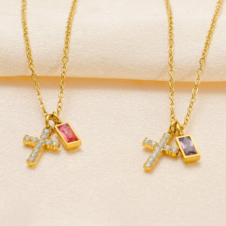 Christianartworkshop Collana personalizzata con ciondolo doppio a croce rettangolare con pietra e brillantini, che indica il mese di nascita: un simbolo senza tempo di dolce protezione celeste. - image 1