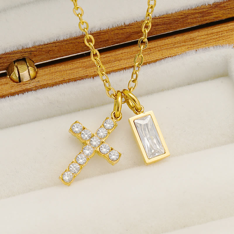Christianartworkshop Collana personalizzata con ciondolo doppio a croce rettangolare con pietra e brillantini, che indica il mese di nascita: un simbolo senza tempo di dolce protezione celeste. - image 8