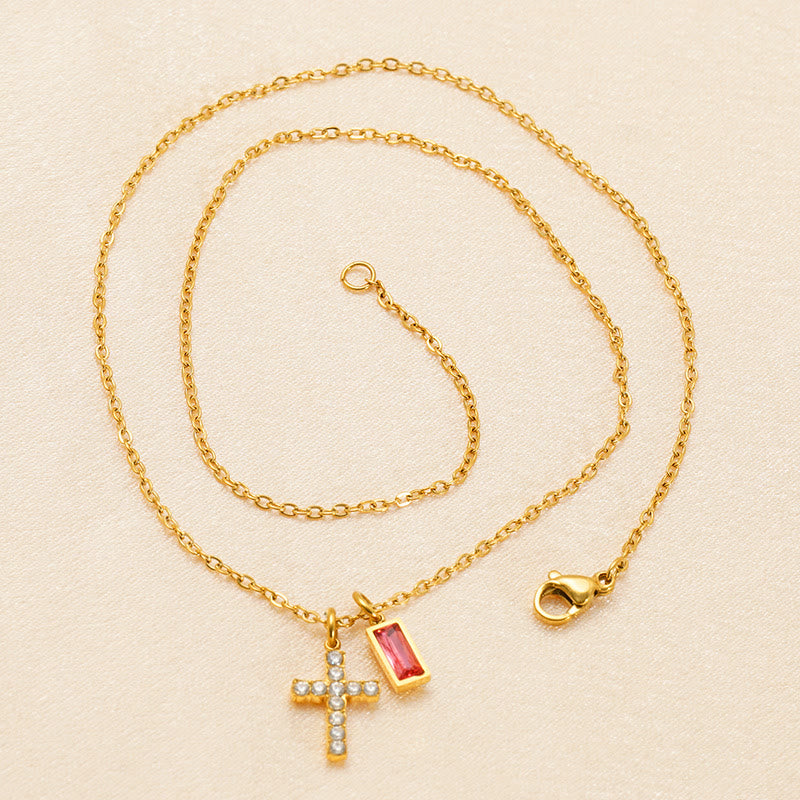 Christianartworkshop Collana personalizzata con ciondolo doppio a croce rettangolare con pietra e brillantini, che indica il mese di nascita: un simbolo senza tempo di dolce protezione celeste. - image 3