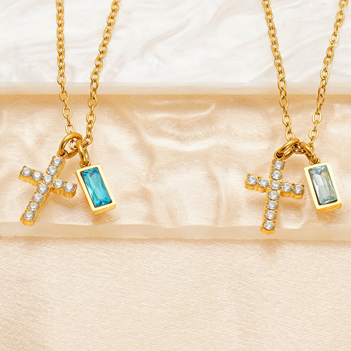 Christianartworkshop Collana personalizzata con ciondolo doppio a croce rettangolare con pietra e brillantini, che indica il mese di nascita: un simbolo senza tempo di dolce protezione celeste. - image 2