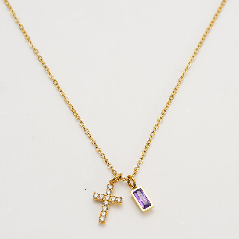 Christianartworkshop Collana personalizzata con ciondolo doppio a croce rettangolare con pietra e brillantini, che indica il mese di nascita: un simbolo senza tempo di dolce protezione celeste. - Febbraio - image 4