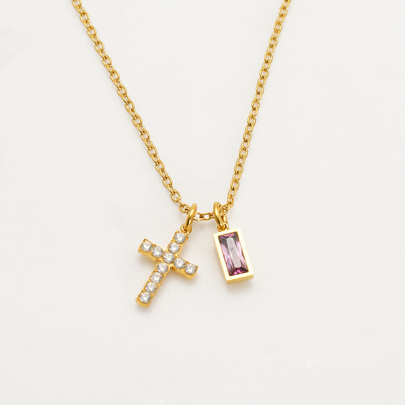 Christianartworkshop Collana personalizzata con ciondolo doppio a croce rettangolare con pietra e brillantini, che indica il mese di nascita: un simbolo senza tempo di dolce protezione celeste. - Giugno - image 10