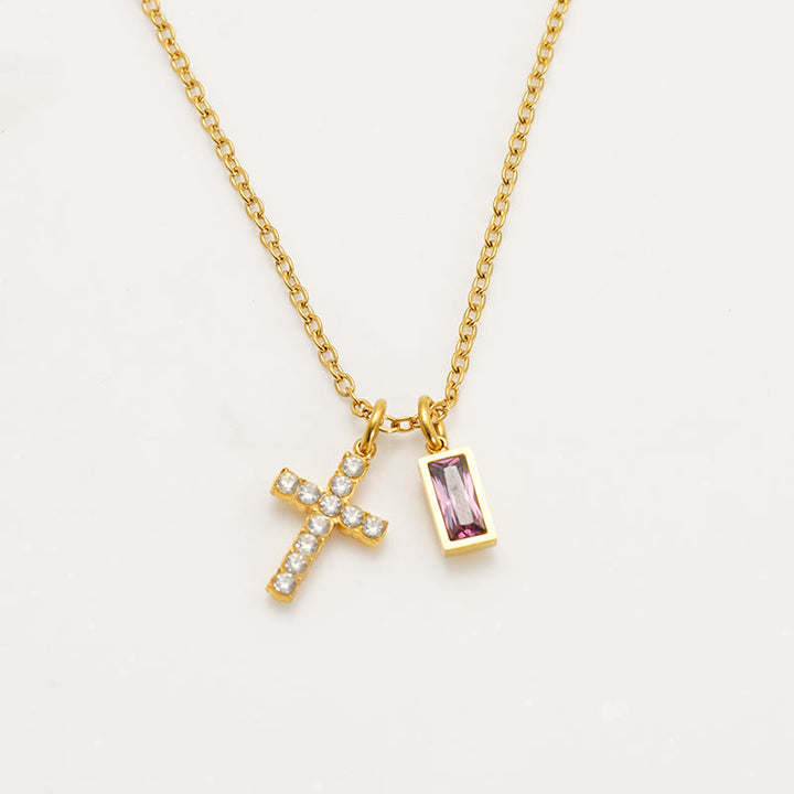 Christianartworkshop Collana personalizzata con ciondolo doppio a croce rettangolare con pietra e brillantini, che indica il mese di nascita: un simbolo senza tempo di dolce protezione celeste. - Giugno - image 10