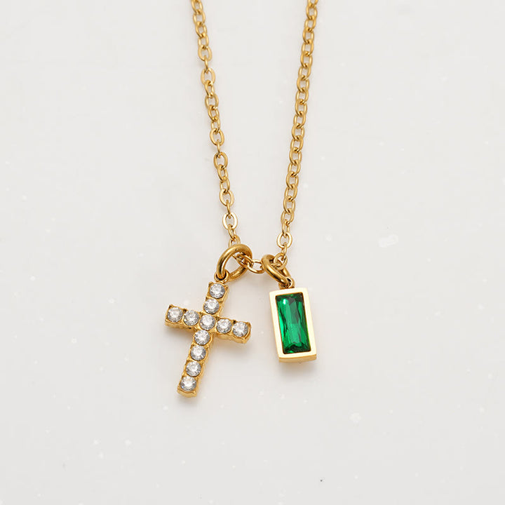 Christianartworkshop Collana personalizzata con ciondolo doppio a croce rettangolare con pietra e brillantini, che indica il mese di nascita: un simbolo senza tempo di dolce protezione celeste. - Maggio - image 9