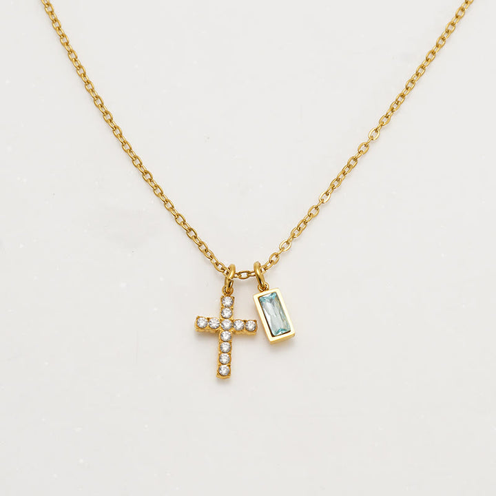 Christianartworkshop Collana personalizzata con ciondolo doppio a croce rettangolare con pietra e brillantini, che indica il mese di nascita: un simbolo senza tempo di dolce protezione celeste. - Marzo - image 6