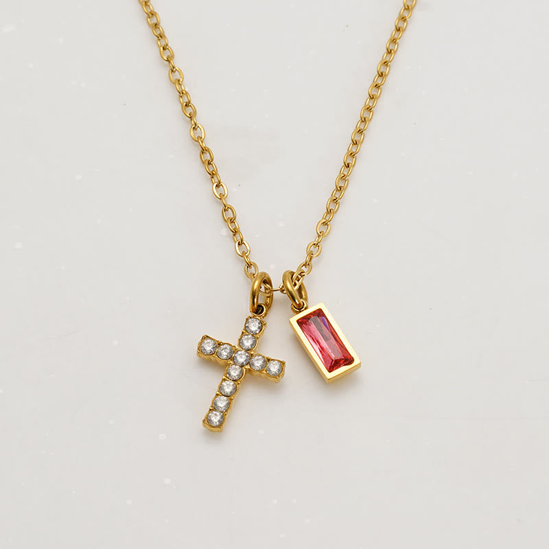 Christianartworkshop Collana personalizzata con ciondolo doppio a croce rettangolare con pietra e brillantini, che indica il mese di nascita: un simbolo senza tempo di dolce protezione celeste. - Luglio - image 11