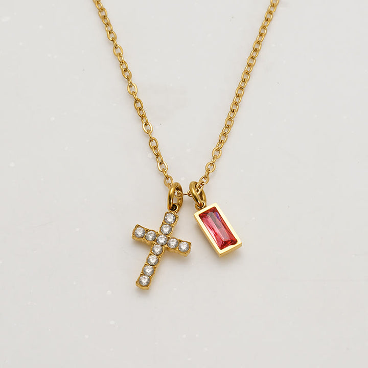 Christianartworkshop Collana personalizzata con ciondolo doppio a croce rettangolare con pietra e brillantini, che indica il mese di nascita: un simbolo senza tempo di dolce protezione celeste. - Luglio - image 11