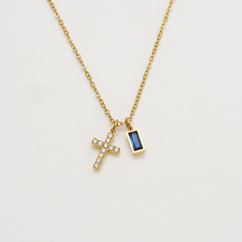 Christianartworkshop Collana personalizzata con ciondolo doppio a croce rettangolare con pietra e brillantini, che indica il mese di nascita: un simbolo senza tempo di dolce protezione celeste. - settembre - image 13