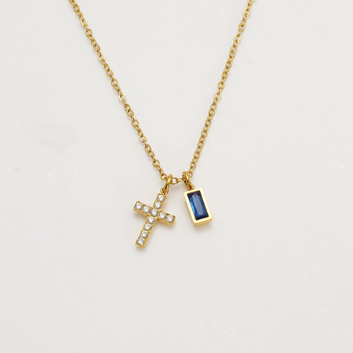 Christianartworkshop Collana personalizzata con ciondolo doppio a croce rettangolare con pietra e brillantini, che indica il mese di nascita: un simbolo senza tempo di dolce protezione celeste. - settembre - image 13