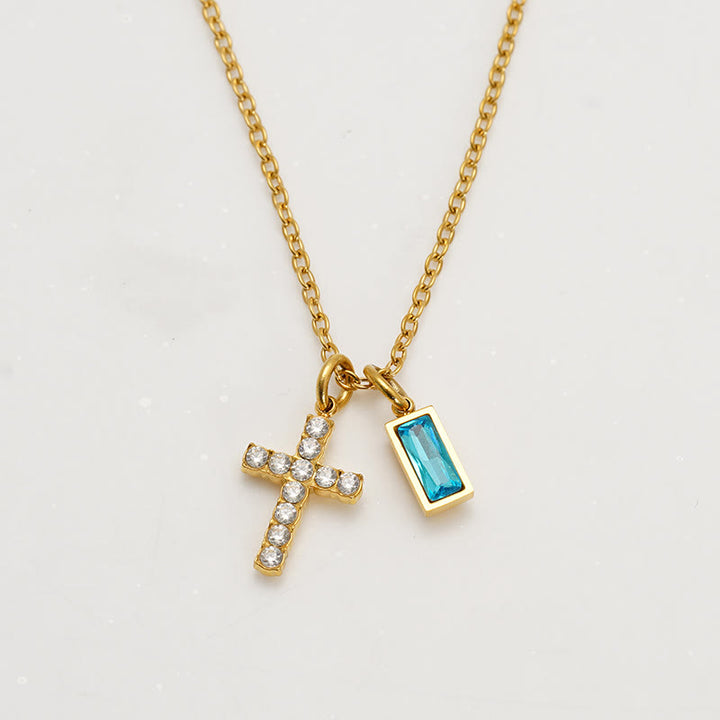 Christianartworkshop Collana personalizzata con ciondolo doppio a croce rettangolare con pietra e brillantini, che indica il mese di nascita: un simbolo senza tempo di dolce protezione celeste. - Dicembre - image 16