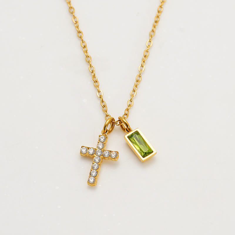Christianartworkshop Collana personalizzata con ciondolo doppio a croce rettangolare con pietra e brillantini, che indica il mese di nascita: un simbolo senza tempo di dolce protezione celeste. - agosto - image 12